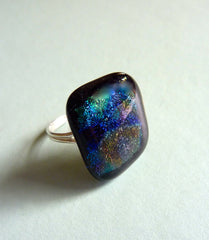 Dichroic Fused Glass Cabochon Mounted on an Adjustable Sterling Silver Ring