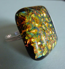 Large Dichroic Fused Glass Adjustable Sterling Silver Ring