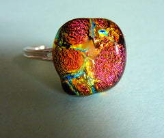 Dichroic Handmade Fused Glass Cabochon mounted on an Adjustable Sterling Silver Ring